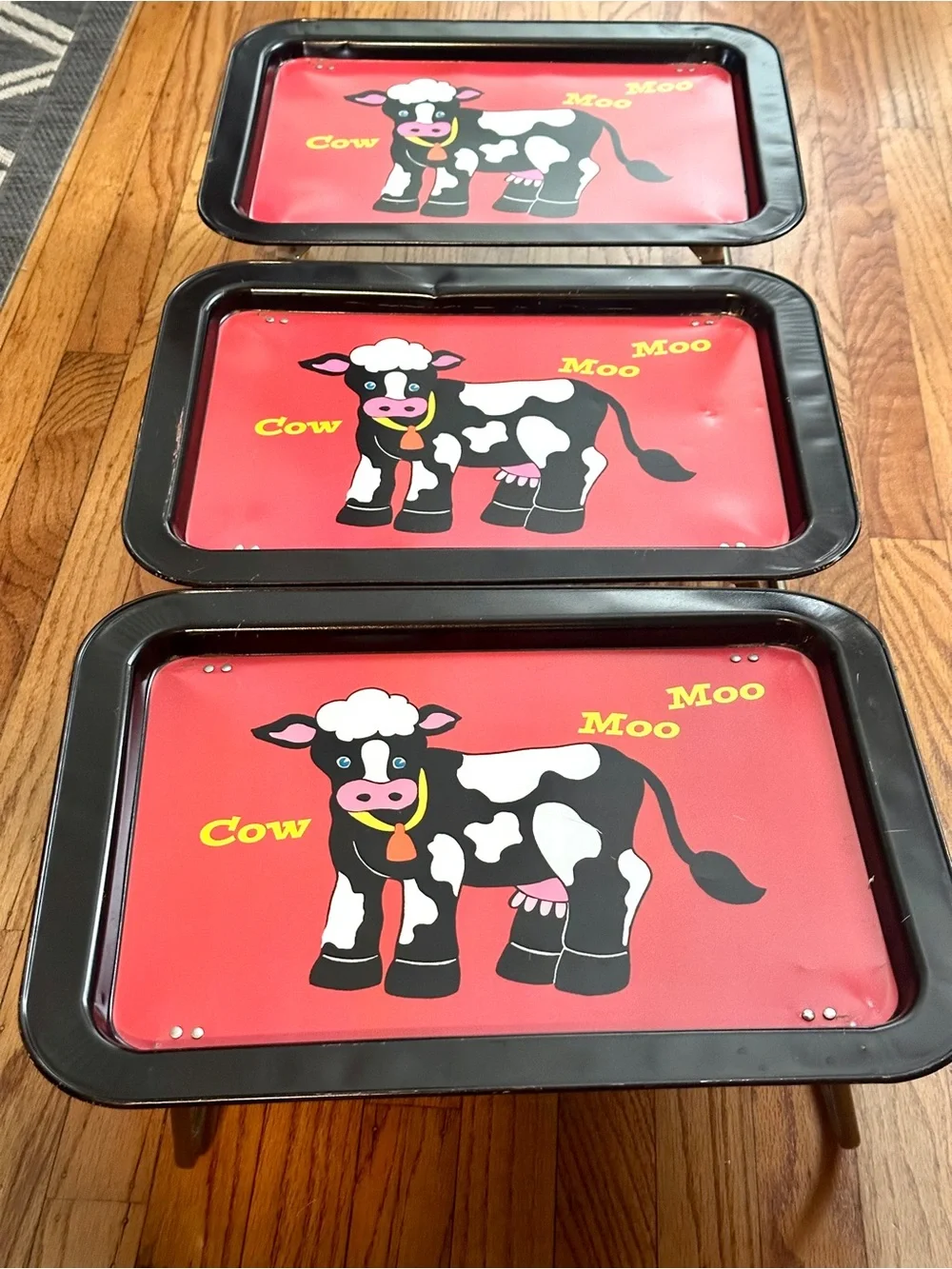 Vtg 1960s Metal Folding TV Lap Trays Set of 3 Red Cow Moo Moo Farm Retro Table